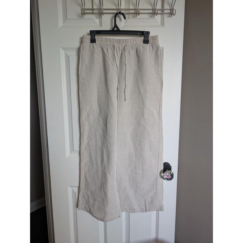 h&m Medium Linen Blend Wide Leg Pants Trousers Flax Oatmeal Minimalist Womens